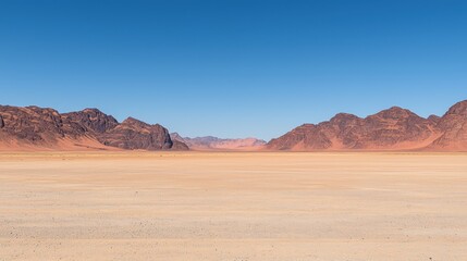 Naklejka premium A panoramic view of a desert landscape with towering mountains and a clear blue sky.