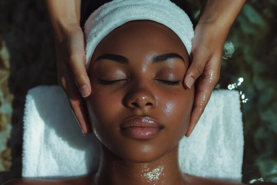 A woman receives a relaxing facial massage, her eyes closed in peaceful serenity.
