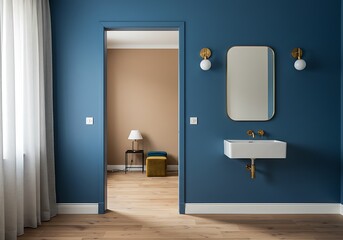 Interior view of a blue bathroom with a sink mirror and a doorway to a beige colored room