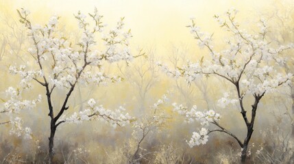 A tranquil springtime orchard scene bathed in soft, golden light.