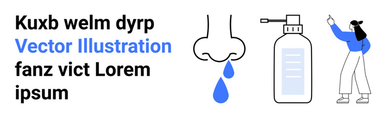 Nose with blue droplet symbolizing nasal congestion, spray bottle for remedy, woman pointing at text. Ideal for hygiene, health, allergies, medicine, wellness, treatment simple landing page