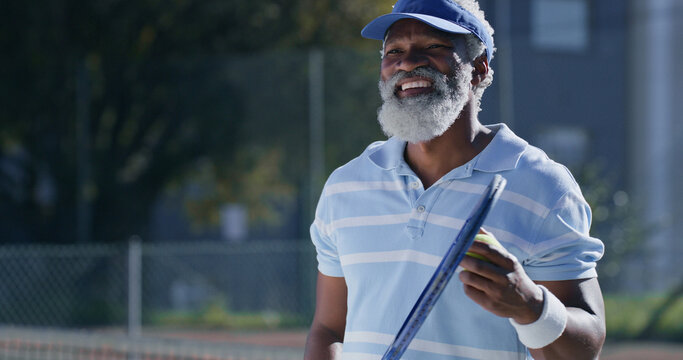Tennis, serve and smile with senior black man on court for sports tournament, competition and game. Training, exercise and championship with elderly person in outdoors for athlete, fitness and event