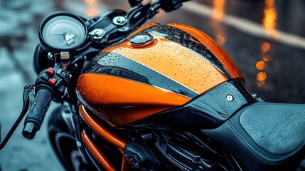 Close-up of a vibrant orange motorcycle fuel tank Raindrops on the glossy surface