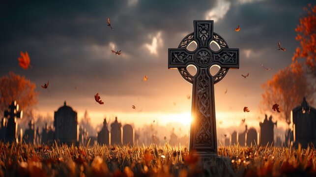 Celtic Cross Gravestone at Sunset with Falling Autumn Leaves