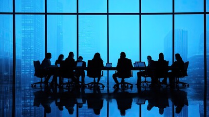 A group of three professionals engaged in discussion at a modern conference table in a bright, casual office setting.