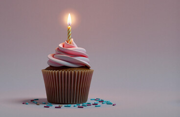 Colorful birthday cupcake with candle and sprinkles on pastel background