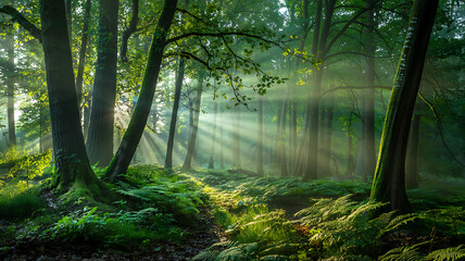 Naklejka premium Sunbeams dance through ancient forest creating magical atmosphere pure serenity