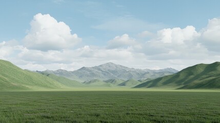 A serene landscape of a vast green field, majestic mountains, and a clear blue sky.
