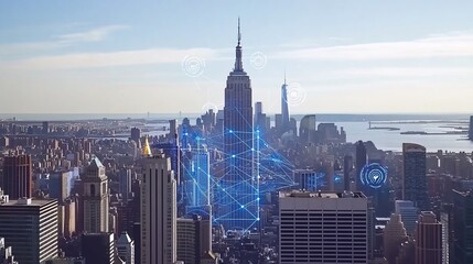 Naklejka premium Smart city network, Manhattan skyline, sunrise, data connection