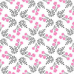 Cute vector repeat pattern with pink tulips and black leaves on a white background. Hand-drawn style.