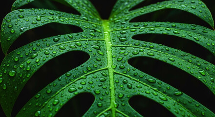 Monstera leaf with water droplets after rain on dark background. Tropical plant macro. Natural moisture. Botanical detail texture. Environmental freshness visualization. Rainforest ecosystem element