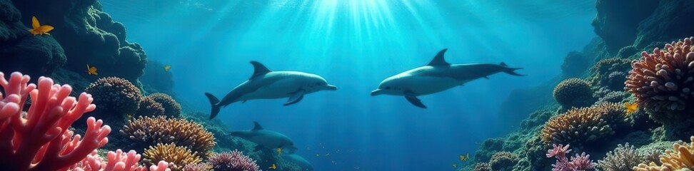Naklejka premium A pod of dolphins elegantly navigate the vibrant coral reefs of Mauritius , nature, reef