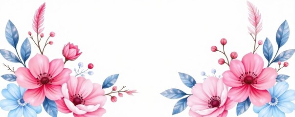 Fototapeta premium Delicate pink & blue watercolor flowers, feathers Vintage style bouquet , floral, pastel