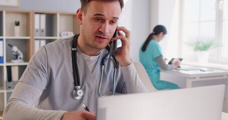 Male nurse, doctor using smartphone to call, busy chatting with patient online, giving consultation, advice, explaining recommendation, treatment, assignment, reception, scheduling appointment