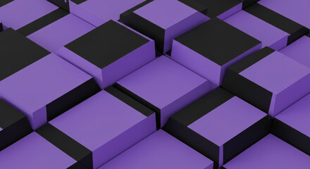 geometric composition with black and purple cubes arranged in checkerboard pattern. Minimalist architectural. Corporate identity element. Technology innovation theme. Business solution representation