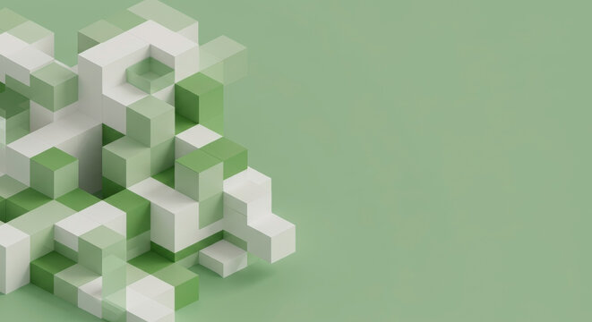 geometric composition with white and green cubes arranged in abstract pattern on mint background. Minimalist architectural. Corporate identity. Technology innovation theme. Business solution
