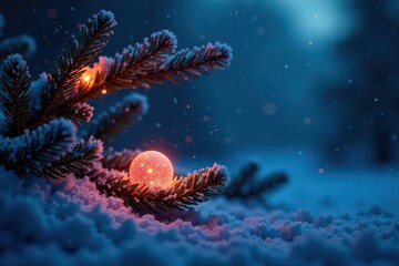 Obraz premium Midnight blue backdrop, glowing orbs on frosted pine , christmas decoration, festive mood, ice