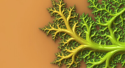 Fractal pattern with yellow to green branching structure on orange background. Mathematical visualization art. Self-similar recursive design. Natural growth simulation. Algorithmic beauty