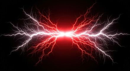 Powerful collision of red and white lightning bolts on black background. Dramatic electric discharge visualization. Energy conflict. Technology, power industry, science events, gaming tournament