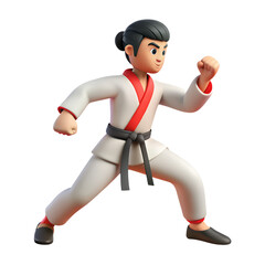 3D cartoon character, martial arts fighter, karate uniform, red belt, determined expression, dynamic pose, punching stance, black hair, white gi, stylized animation, video game character style