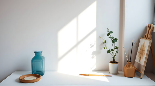 Sunny artist's workspace, teal vase, plant