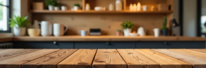 Clean wooden tabletop, bokeh cafe backdrop Ideal for showcasing products , table, branding, marketing