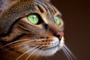 Tabby cat with green eyes in focused natural light captured from a close profile angle showcasing sharp fur texture and outdoor feline alertness in sunny garden setting