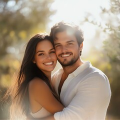Fototapeta premium Happy Young Couple Embracing Outdoors in Sunlight Portrait