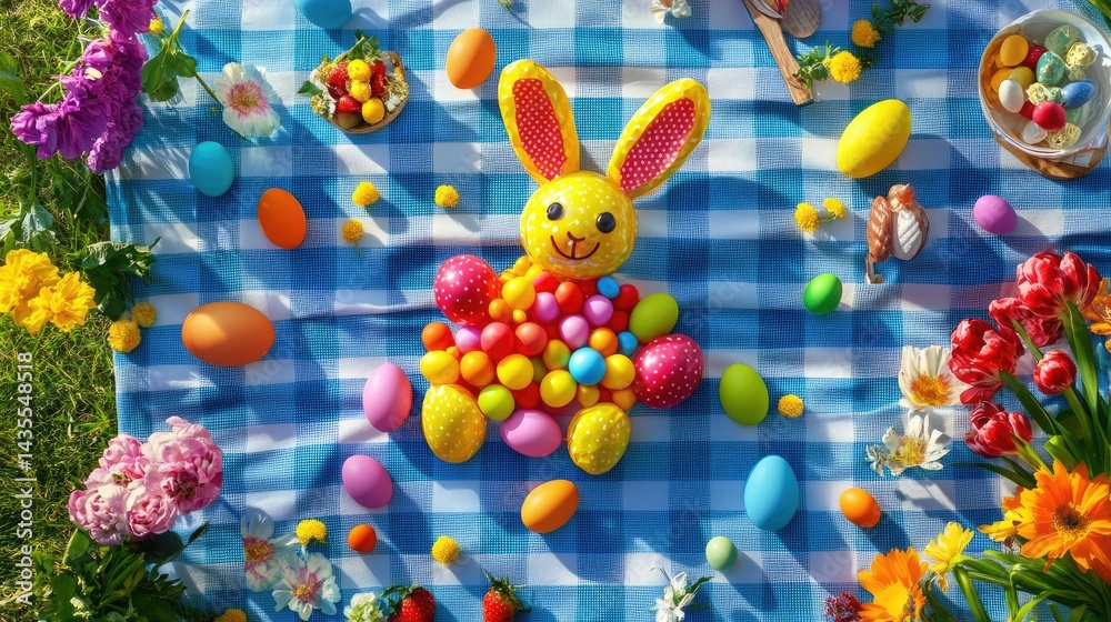 Poster colorful eggs shaped like a bunny on checkered picnic cloth with springtime props around