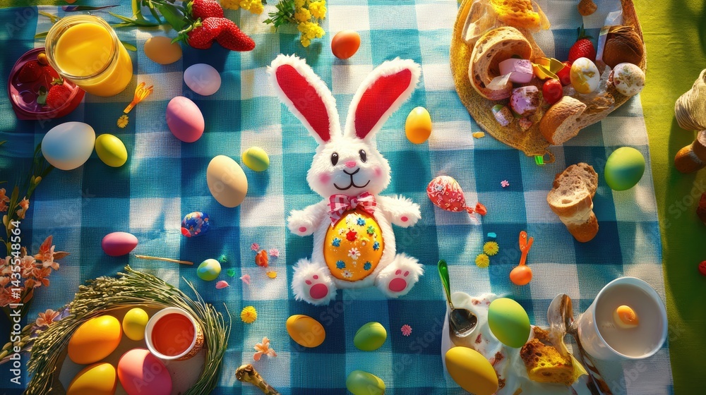 Poster colorful eggs shaped like a bunny on checkered picnic cloth with springtime props around