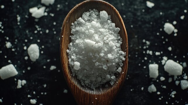 Wooden spoon filled with coarse sea salt