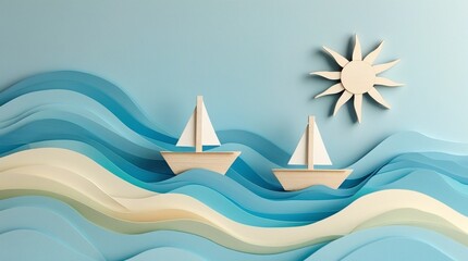 The scene features a minimalist pastel seascape with wavy ocean elements, wooden sailboats, and a stylized wooden sun, all set against a pale blue background.