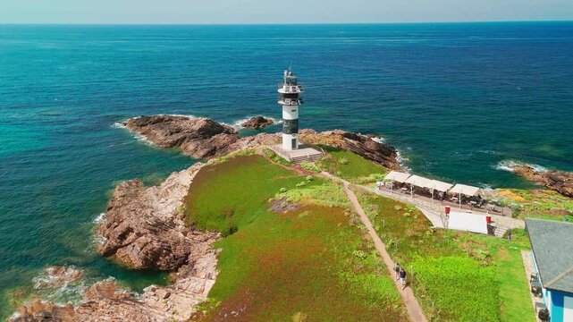 Aerial view of Faro de Ribadeo lighthouse in Lugo, Galicia, Spain.