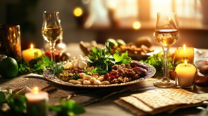 Fototapeta premium Decorated Passover table with ornate Seder plate holding all symbolic foods, framed by candles and matzah