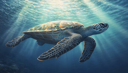 Obraz premium Majestic sea turtle gracefully glides through sunlit ocean depths