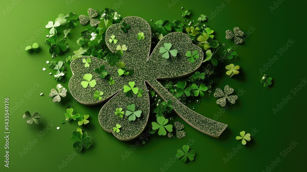 Poster festive design featuring a cutout shamrock shape overflowing with glittered mini shamrocks