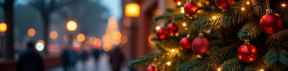 Ornate Christmas tree with vibrant lights, bokeh , glitter, christmas lights, blur