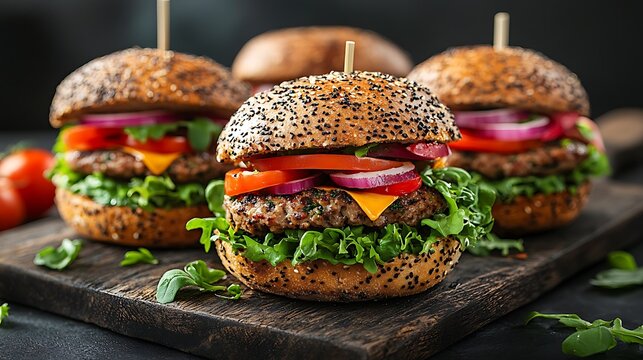 Juicy beef patties, lettuce, tomato, onion, and cheese on poppy seed buns