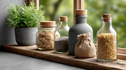 Obraz premium Minimalist kitchen showcasing reusable glass containers and natural light for a simple and sustainable lifestyle