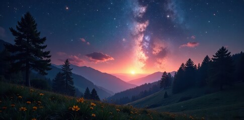 Millions of stars blaze over a shadowy woodland, celestial, landscape