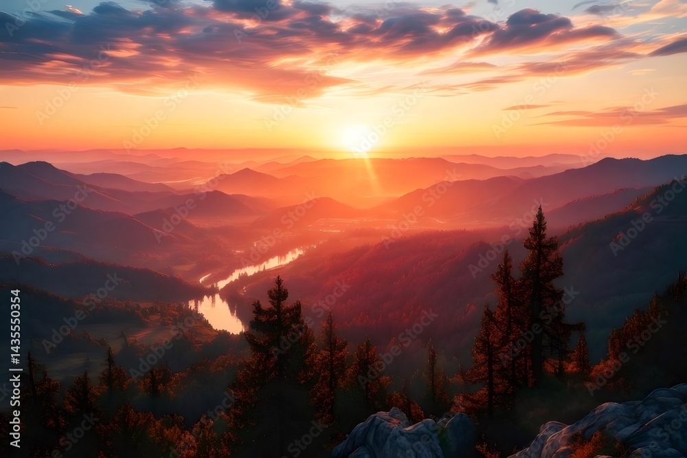 Aufkleber 夕焼けの山々と輝く太陽とオレンジ色の光が織りなす風景 美しい自然と感動的な景色