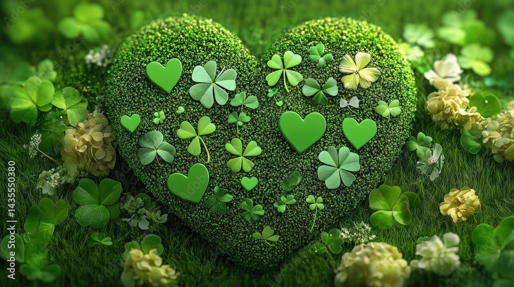 Poster Green-themed image with layered shamrock design in heart patterns and glittery details