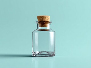 clear glass bottle with cork, isolated on light aqua background, subtle reflections, clean minimal styling