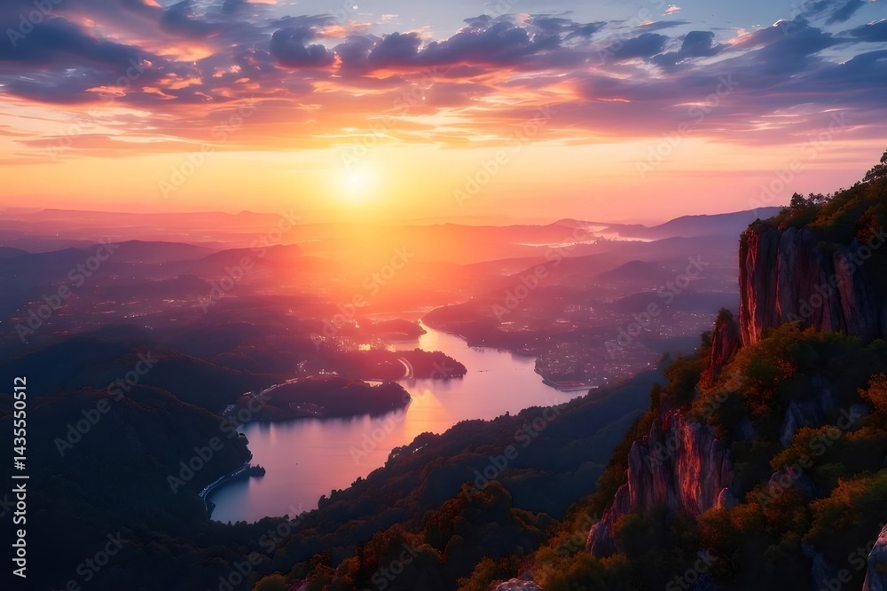 Aufkleber 夕焼け空と山々の壮大な景色 太陽が輝き 川と湖が織りなす自然の美しさ