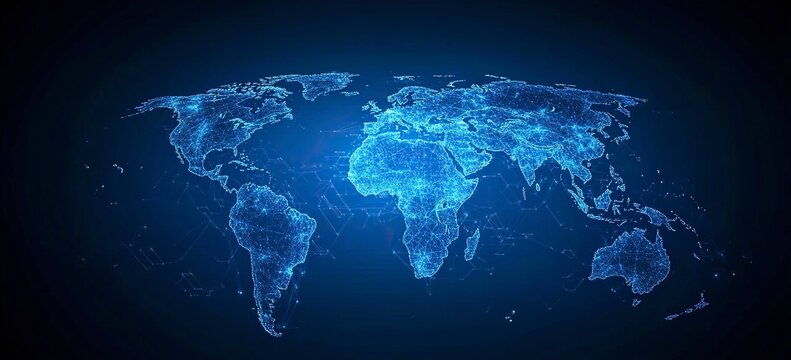 Fototapeta Abstract blue background with a global network and world map for a business technology concept vector illustration. High-resolution, professional photograph. The ultra-wide-angle lens is used to captu