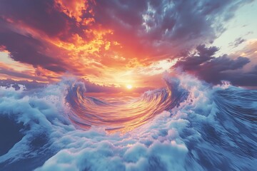 A jagged wave frozen mid-motion, its foam reflecting a fiery sunset sky above.