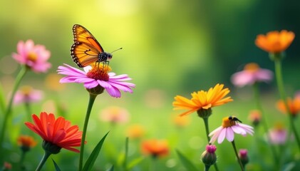Vibrant wildflowers, butterfly, bee, dragonfly, lush meadow, orange, insect, bee