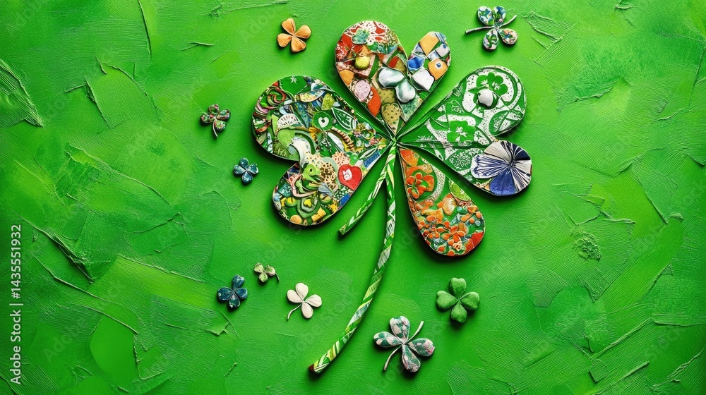 Poster shamrock silhouette filled with playful patterned shamrocks on vibrant green textured paper