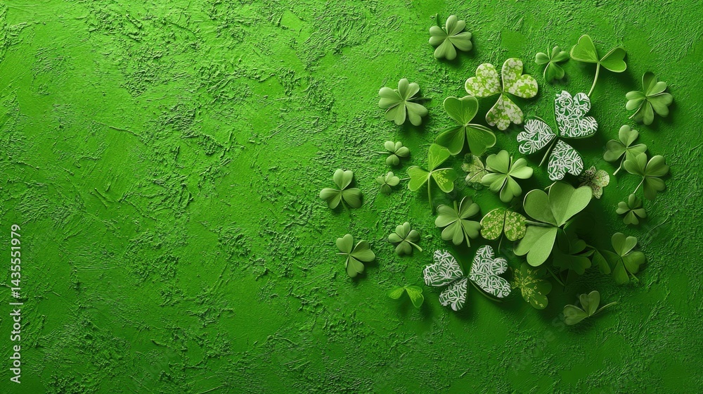 Poster shamrock silhouette filled with playful patterned shamrocks on vibrant green textured paper