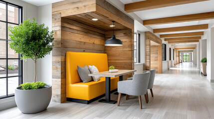 Vibrant office space fostering collaboration among diverse age groups in a welcoming environment